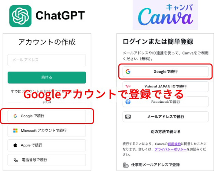 ChatGPTとCanvaの登録画面