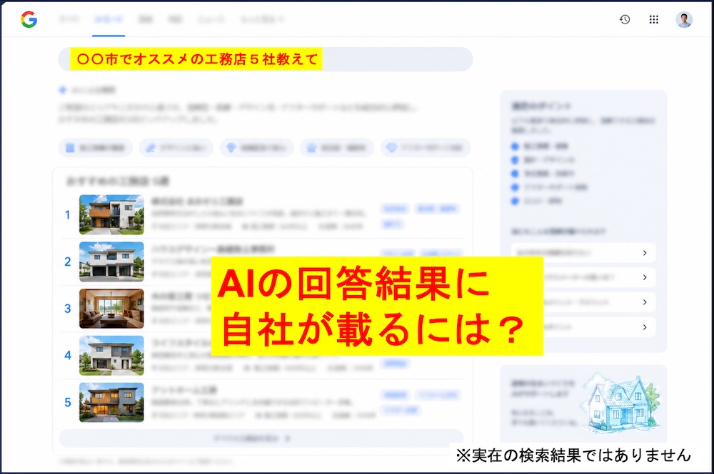 AIモードが「オススメの工務店５社」を一覧で回答している画面イメージ（実在の検索結果ではありません）