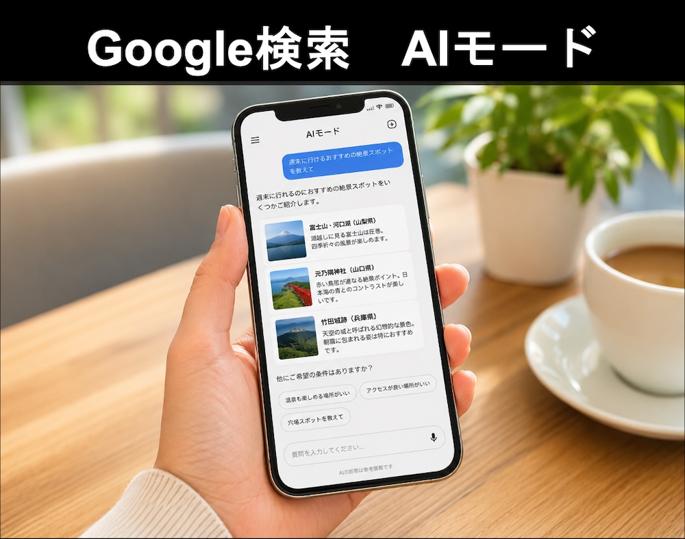 スマートフォンでGoogle検索のAIモードを開き、話しかけるような文章で質問している画面イメージ