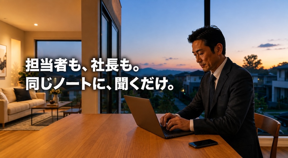 ダイニングテーブルでノートパソコンの画面を見ている住宅会社の営業担当者