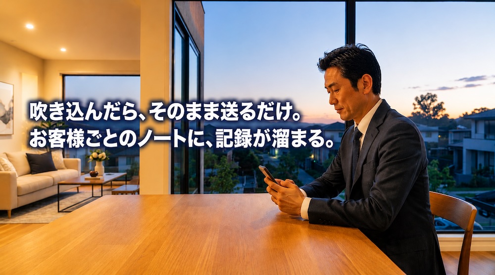 打合せを終えた住宅会社の営業担当者が、ダイニングテーブルでスマートフォンを操作している様子