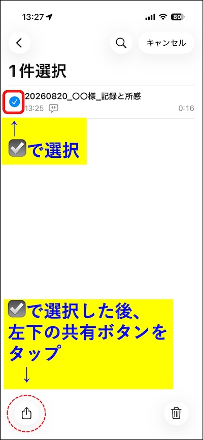 手順7　録音にチェックを入れて画面左下の共有ボタンをタップする
