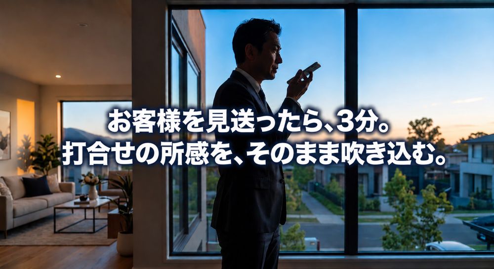 打合せを終えた住宅会社の営業担当者が、スマートフォンのボイスメモに所感を吹き込んでいる様子
